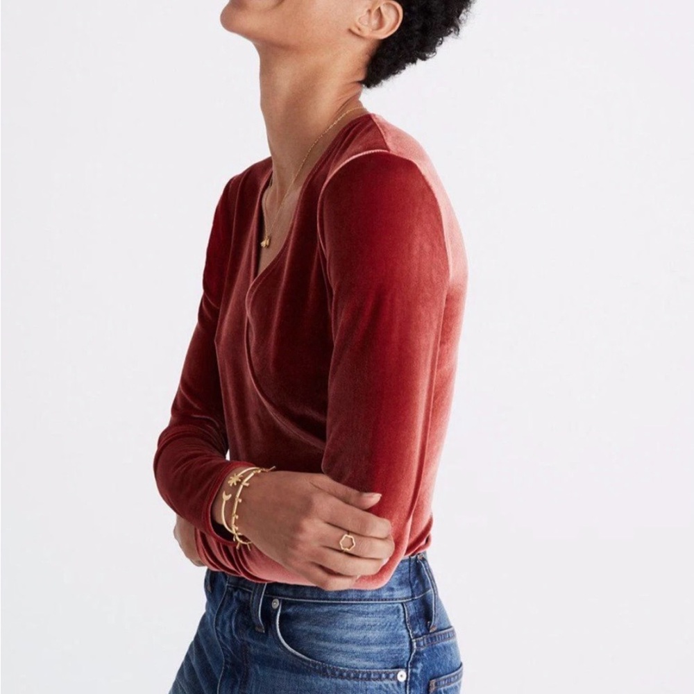 Madewell Velvet Wrap-Front Long Sleeved Bodysuit in Rusty Orange - Picture 2 of 7